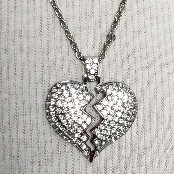 Silver Heart Broken Iced Out Pendant Necklace - Picture 10 of 11